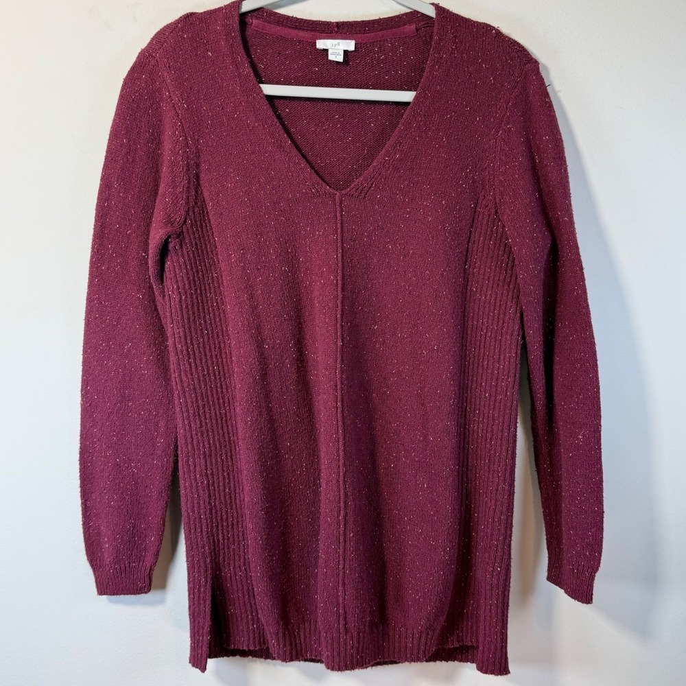 J. Jill V-Neck Sweater Women S Burgundy Cotton Marl Tunic Side Slits Cottagecore